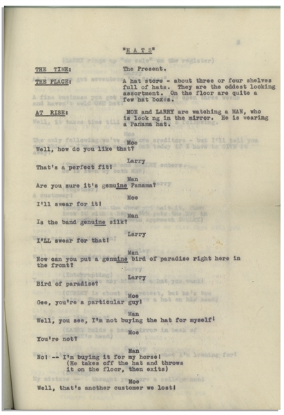 Moe Howard's 10pp. ''HATS'' Script, Circa 1933 Where Moe & Larry Try to Sell Curly a Hat -- Similar to ''New Hat'' Scene With Ted Healy -- 9'' x 12'' -- Heavy Wear to Covers, But Script Is Near Fine
